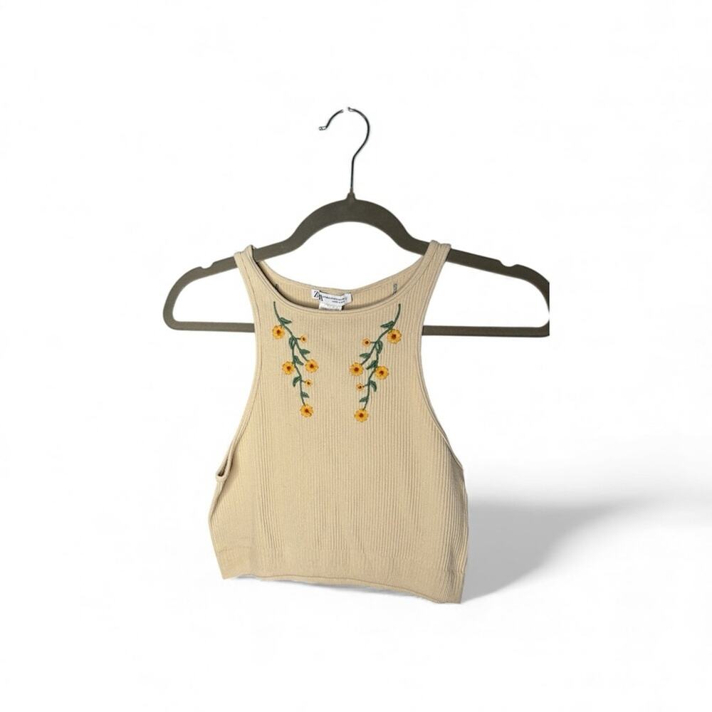 Zara Tan Ribbed Crop Tank Top Floral Embroidery Knit Sz XS